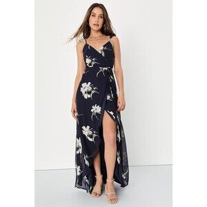 Lulus All Mine Navy Blue Floral Print High-low Wrap Dress - Size S